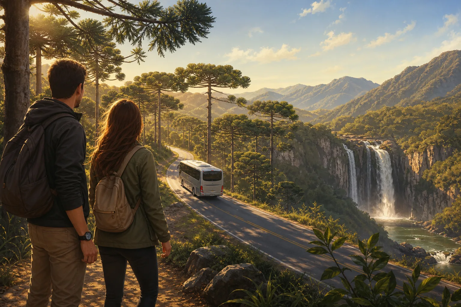 Ilustração de viajantes em bate-volta de ônibus para destino natural