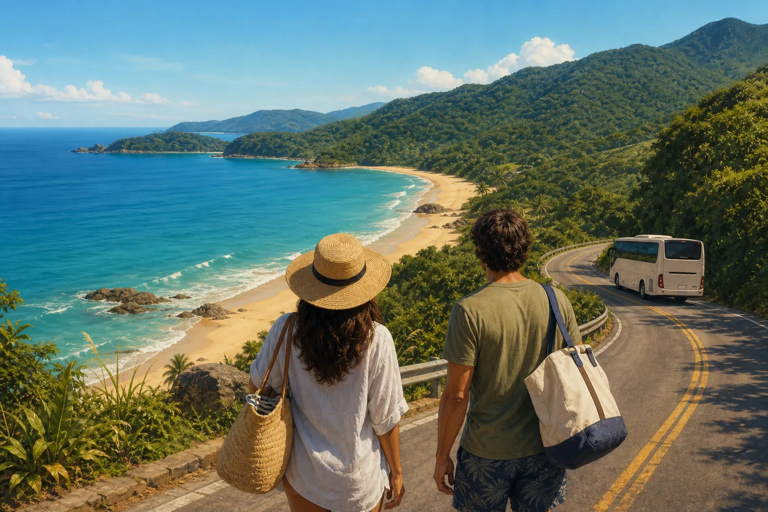 Ilustração de ônibus chegando a uma praia cercada por Mata Atlântica
