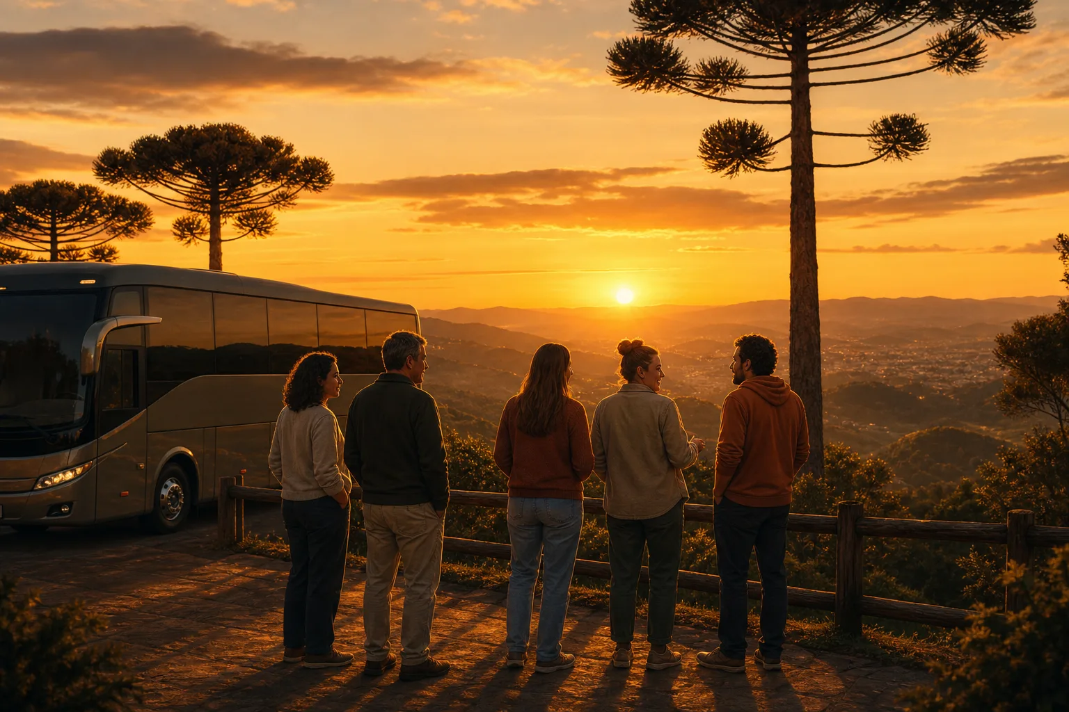 Ilustração de grupo de viajantes em mirante durante excursão